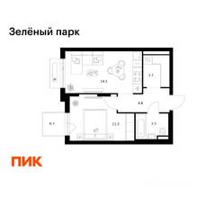 ЖК «Зеленый парк», планировка 1-комнатной квартиры, 38.00 м²