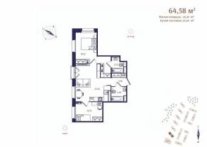 ЖК «Ranta Residence», планировка 2-комнатной квартиры, 64.58 м²