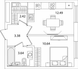 ЖК «Кинопарк», планировка 1-комнатной квартиры, 32.57 м²