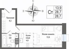 ЖК «Киноквартал», планировка студии, 29.00 м²