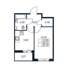 ЖК «Полис ЛАВрики», планировка 1-комнатной квартиры, 35.24 м²