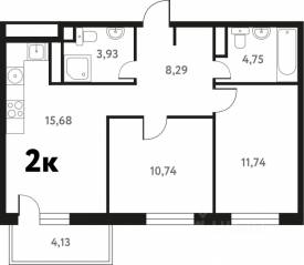 ЖК «Южное Пушкино», планировка 2-комнатной квартиры, 56.54 м²