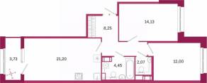 ЖК «Дом на Курской», планировка 2-комнатной квартиры, 63.97 м²