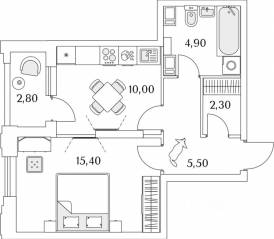 ЖК «Тайм Сквер», планировка 1-комнатной квартиры, 40.00 м²