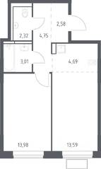 ЖК «Новое Видное», планировка 1-комнатной квартиры, 44.20 м²