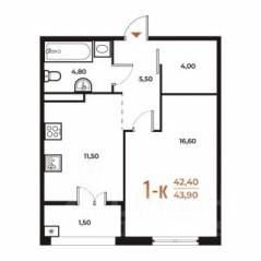 ЖК «Новое Летово», планировка 1-комнатной квартиры, 43.90 м²