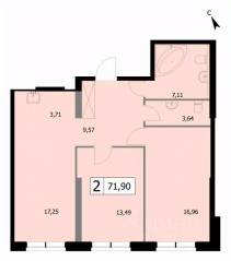 ЖК «Self», планировка 2-комнатной квартиры, 71.90 м²