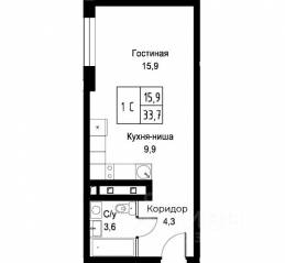 Апарт-комплекс «Aist Residence», планировка студии, 33.70 м²
