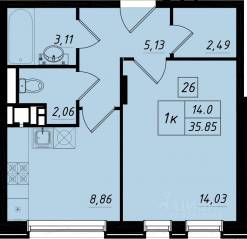 МЖК «Бристоль Москва», планировка 1-комнатной квартиры, 35.90 м²