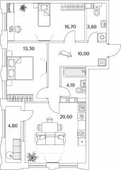ЖК «Тайм Сквер», планировка 2-комнатной квартиры, 70.80 м²