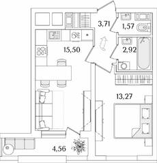 ЖК «Лайнеръ», планировка 1-комнатной квартиры, 39.25 м²