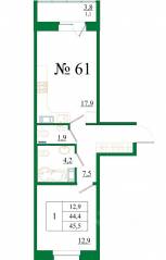 ЖК «Орловский бульвар», планировка 1-комнатной квартиры, 45.50 м²