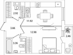 ЖК «Кинопарк», планировка 1-комнатной квартиры, 36.07 м²