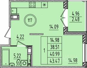 МЖК «Образцовый квартал 14», планировка 1-комнатной квартиры, 38.51 м²