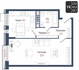 ЖК «Киноквартал», планировка 1-комнатной квартиры, 43.40 м²