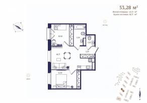 ЖК «Ranta Residence», планировка 2-комнатной квартиры, 53.28 м²