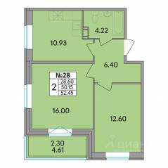 ЖК «Рождественский квартал», планировка 2-комнатной квартиры, 52.45 м²