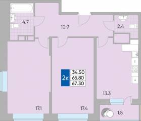 ЖК «Самоцветы мира», планировка 2-комнатной квартиры, 67.30 м²