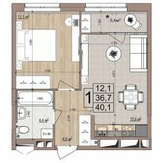 ЖК «Гранд Комфорт», планировка 1-комнатной квартиры, 40.10 м²
