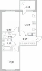 ЖК «Югтаун. Олимпийские кварталы», планировка 2-комнатной квартиры, 53.91 м²