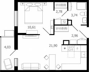 ЖК «Десятка», планировка 2-комнатной квартиры, 43.30 м²