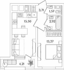 ЖК «Лайнеръ», планировка 1-комнатной квартиры, 39.08 м²