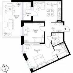 МЖК «Экография», планировка 2-комнатной квартиры, 62.80 м²