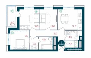 ЖК «Русич Кантемировский», планировка 2-комнатной квартиры, 64.00 м²