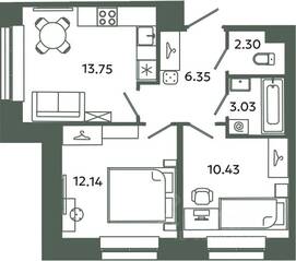 ЖК «Загляденье», планировка 2-комнатной квартиры, 48.00 м²