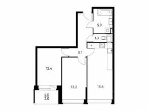 ЖК «Солнечный парк», планировка 2-комнатной квартиры, 63.00 м²