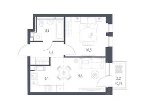 ЖК «Мытищи Парк», планировка 1-комнатной квартиры, 34.60 м²