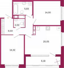 ЖК «Дом на Курской», планировка 2-комнатной квартиры, 68.34 м²
