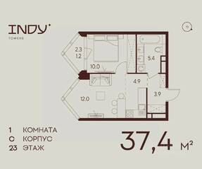 ЖК «Indy Towers», планировка 1-комнатной квартиры, 37.40 м²