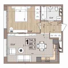 ЖК «Гранд Комфорт», планировка 1-комнатной квартиры, 46.10 м²