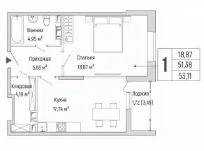 ЖК «Riga Hills», планировка 1-комнатной квартиры, 53.11 м²