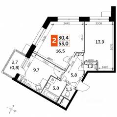 МФК «Датский квартал», планировка 2-комнатной квартиры, 54.40 м²