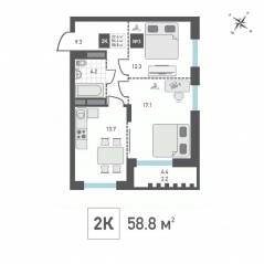 ЖК «Зеленоград Ривьера», планировка 2-комнатной квартиры, 58.80 м²