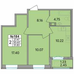 ЖК «Рождественский квартал», планировка 2-комнатной квартиры, 51.83 м²