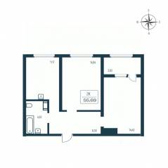 ЖК «Расцветай в Янино», планировка 2-комнатной квартиры, 55.40 м²