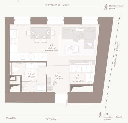 Планировка 1 комнатной квартиры, 32.66 м², в «Петровский»