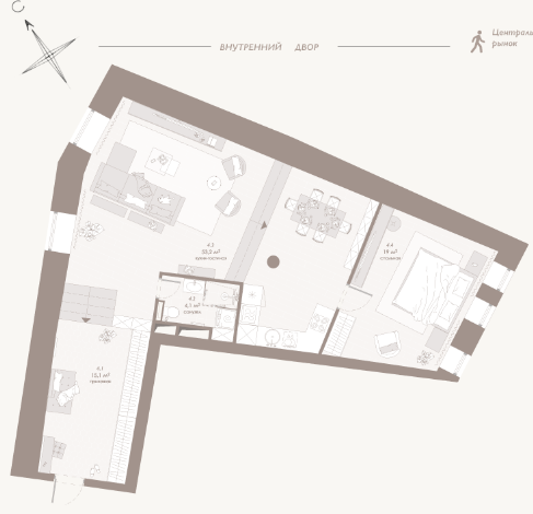 Планировка 1 комнатной квартиры, 89.4 м², в «Петровский»