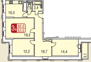 ЖК «Центральный» (Одинцово), планировка 3-комнатной квартиры, 83.00 м²