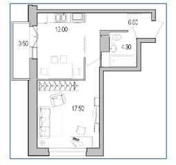 ЖК «Поэт», планировка 1-комнатной квартиры, 42.80 м²