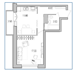 ЖК «Поэт», планировка 1-комнатной квартиры, 43.20 м²