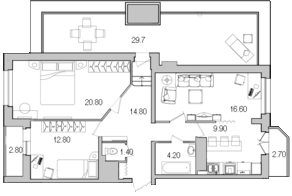 ЖК «Поэт», планировка 3-комнатной квартиры, 95.40 м²