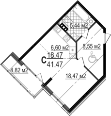 Апарт-комплекс «Avenue-Apart Прибрежный», планировка студии, 41.47 м²