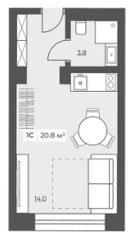Апарт-комплекс «All in Salute», планировка студии, 20.80 м²