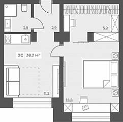 Апарт-комплекс «All in Salute», планировка 2-комнатной квартиры, 38.20 м²