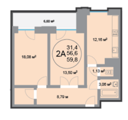 ЖК «28 микрорайон», планировка 2-комнатной квартиры, 56.60 м²