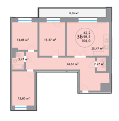 ЖК «28 микрорайон», планировка 3-комнатной квартиры, 98.70 м²